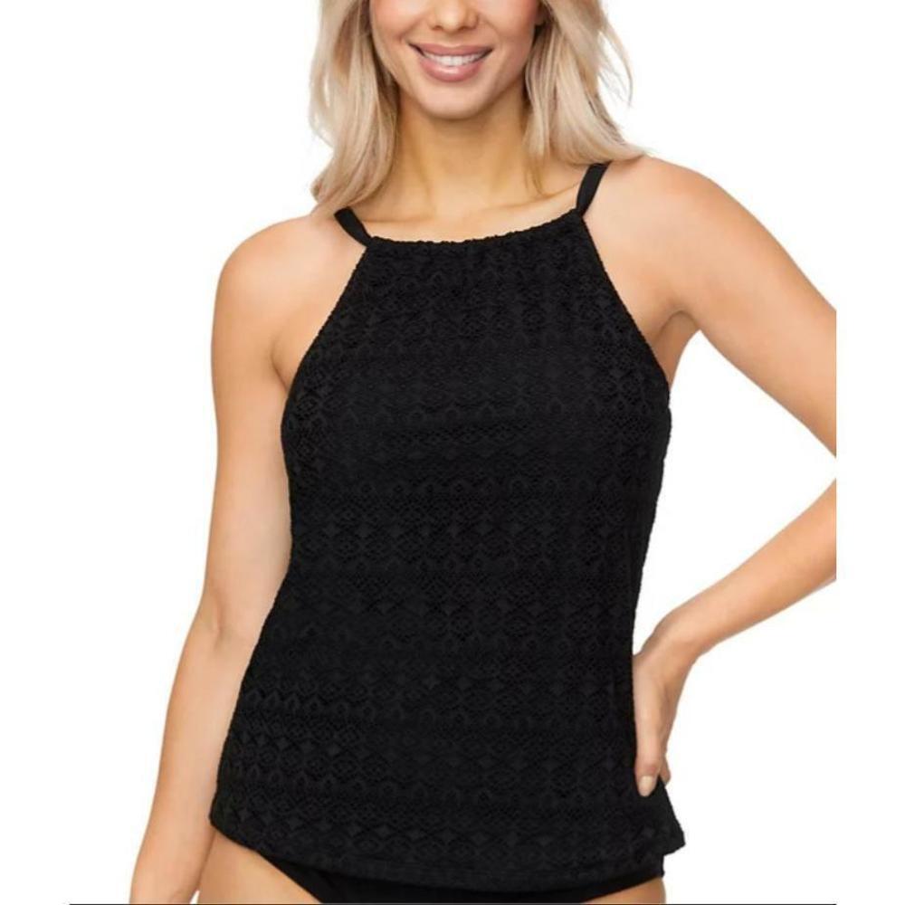 Island Escape Women's Black Crochet Underwire Tankini Top 6